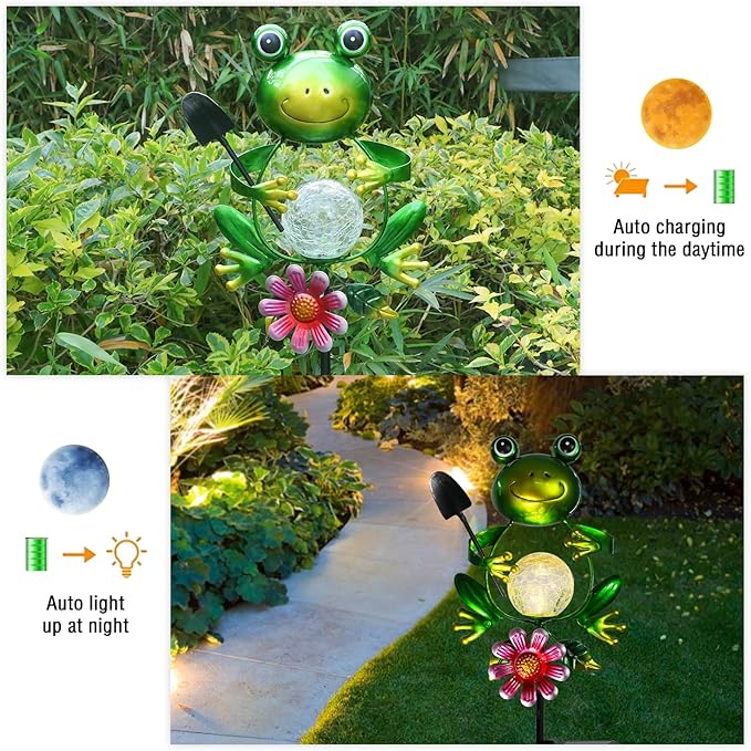 Bshine Frog Solar Light Outdoor Garden, Cracked Glass Metal Solar Garden Stakes for Pathway, Backyard Decoration, Yard Art, Lawn Ornaments, Frog Gifts for Women, Mom, Frog Lovers