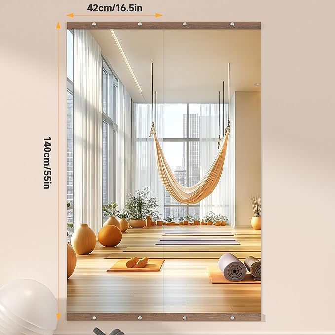 Hasipu 2Pcs 55''x17'' Home Gym Mirror Large Full Length Wall Mounted Full Body Mirror for Yoga Dance Fitness Exercise Studio Bedroom Garage, Frameless Tempered Glass Workout Mirrors Walnut Rectangular