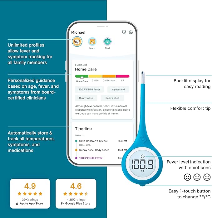 Kinsa Smart,Fever, Digital Medical Baby, Kid and Adult Termometro - Accurate, Fast, FDA Cleared Thermometer for Oral, Armpit or Rectal Temperature Reading - QuickCare