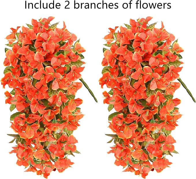 Bougainvillea Artificial Flowers Plants for Outdoors Outside Fall Autumn Decor, 2 pcs Faux Silk Long Trailing Vines UV Resistant Look Real Orange Fake Flowers for Front Door Porch Planter Urn Patio