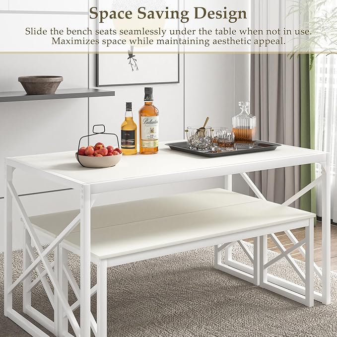 VECELO Kitchen Dining Table Benches Set for 4, 55" Wooden Dinette with 2 Benches, Heavy-Duty Dining Room Table for Small Space, Breakfast Nook, White