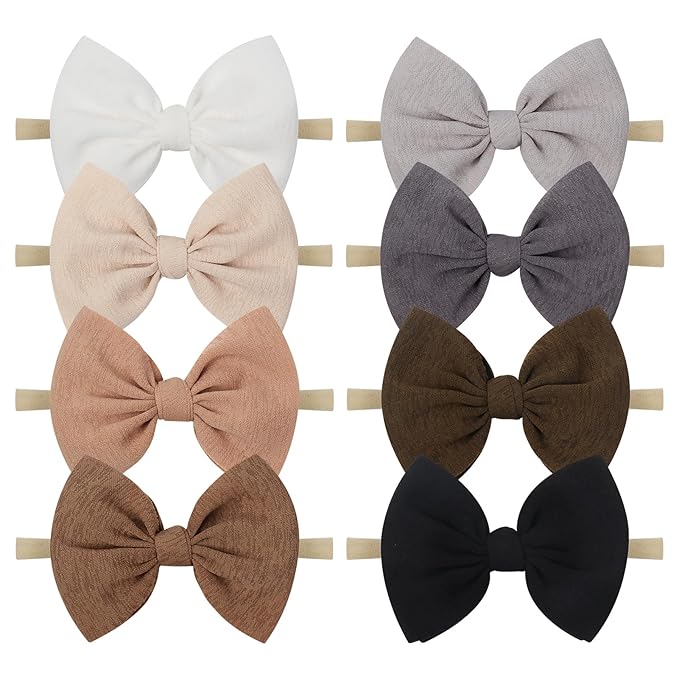 Big Bows Hairbands, 8 PCS Handmade Baby Girl Headbands with Bows, Stretchy Nylon Newborn Toddler Hairbands, Tan