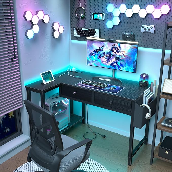 DLisiting Black Corner Desk for Small Space with Drawers, Reversible Gaming L Shaped Computer Desk with Storage Shelves for Kids Boys, Corner Work Study PC Desks for Bedroom