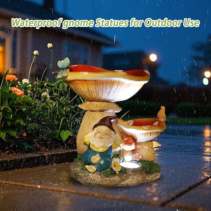 Garden Gnome Statue, Solar Powered Gnome Figurine with Mushroom Decor, Waterproof Resin Lawn Ornamnets for Outdoor Patio Yard Home Tabletop Deocr, Ideal Gifts for Mom