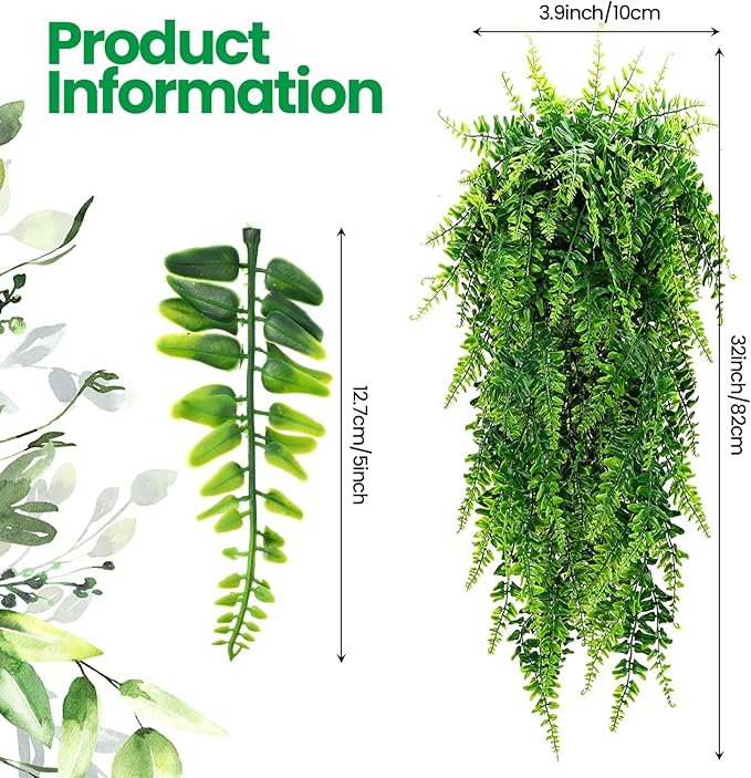 Geosar 64 Pcs Artificial Hanging Plants 32 Inch Hanging Boston Ferns Plastic Fake Plants for Wall Room Garden Wedding Garland Indoor Outdoor Decoration, No Basket