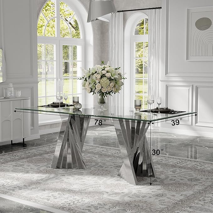 78" Silver Dining Table for 6-8, Modern Kitchen and Dining Table with Tempered Glass Top and Silver Mirrored Stainless Steel Base, Luxury Rectangular Dinner Room Table for Kitchen, Dining Room