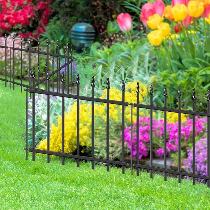 Decorative Metal Garden Fence 18 in H x 20 ft L, Small Border Fence Roman Column Deco, Garden Fencing for Yard Flower Bed Lawn Landscape Outdoor, 10 Panels + 11 Stakes Black
