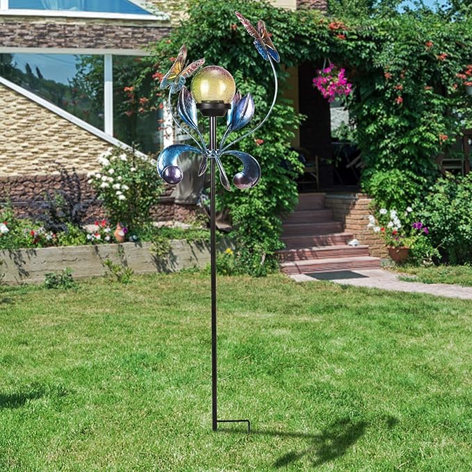 VCUTEKA Solar Lights Outdoor Metal Garden Stake Waterproof Crackle Glass Globe Garden Decor Butterfly for Pathway, Lawn, Patio, Yard