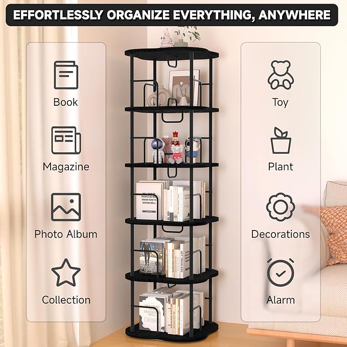 5-Tier Rotating Book Shelf, 360° Display Spinning Bookshelf Tower, Book Organizer, Floor Standing Bookcases for Small Space, Corner Book Shelf for Bedroom, Living Room, Study Room (Black)