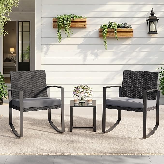 3 Pieces Outdoor Patio Furniture Set Rocking Bistro Set Outdoor Rattan Conversation with Coffee Table for Garden Balcony Backyard Poolside (Grey Cushion)