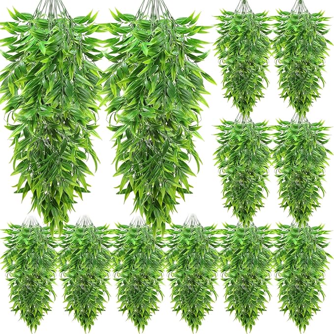 Hoteam 12 Pcs Artificial Hanging Plants 32 Inch Fake Ivy Vines with Fake Leaves Patio Artificial Plants Greenery for Living Room Indoor Outdoor Wall, No Basket (Bamboo Leaf)