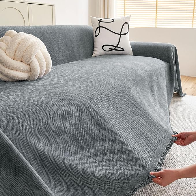 hyha Couch Cover for Dogs, Boho Sofa Covers for 3 Cushion Couch Washable, Chenille Sofa Slipcover for Pets, Soft Loveseat Sectional Couch Throw Blankets with Tassels (Grey, 71x118 Inch)
