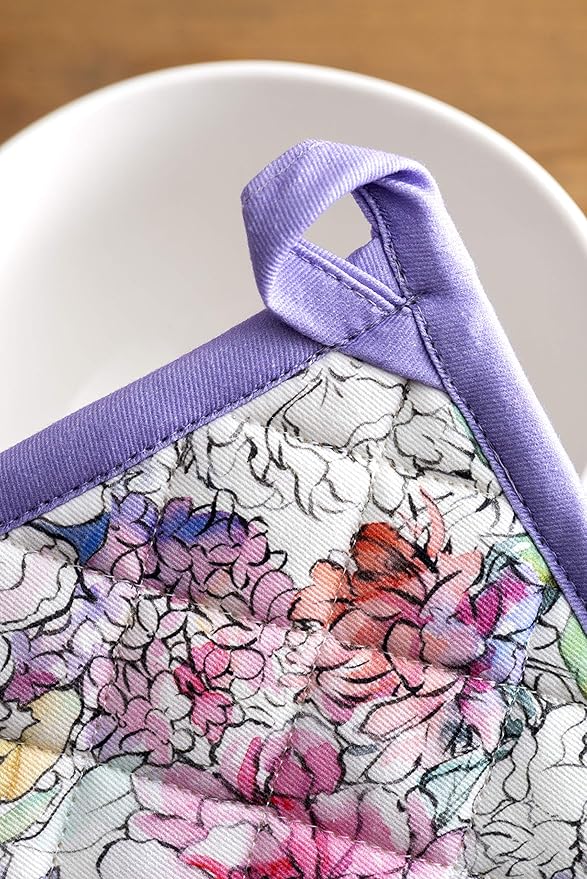 Maison d' Hermine 100% Cotton Oven Mitt & Pot Holder Set (7.5"x13" & 8"x8") Heat Resistant BBQ Cooking Gloves with Loop, Baking, Grilling, Kitchen, Handling Hot Pans Spring/Summer (Floral Love)
