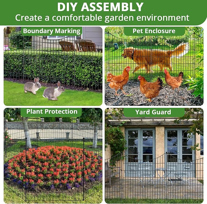 10 Panels No Dig Decorative Garden Fence for Yard, 32 in(H) X 24 ft(L) Rustproof Metal Wire Animal Barrier Fence for Dogs, Rabbits, Landscape Edging, and Patio with 11 Temporary Fencing Stakes
