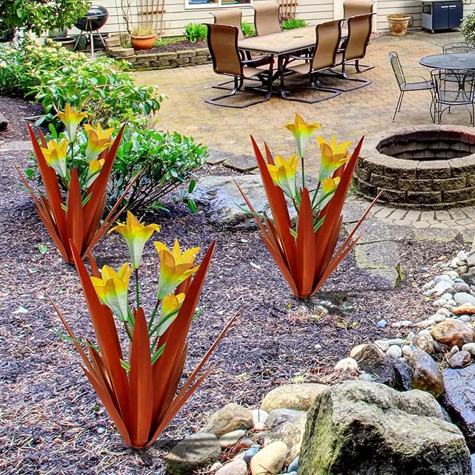 Homight Metal Agave Plant Outdoor Decoration Lily Mexican Yard Art Garden Gift Home Decor Hand Painted Metal Agave Garden Yard Statue, Outdoor Lawn Ornaments(3 Big Yellow Lilies)