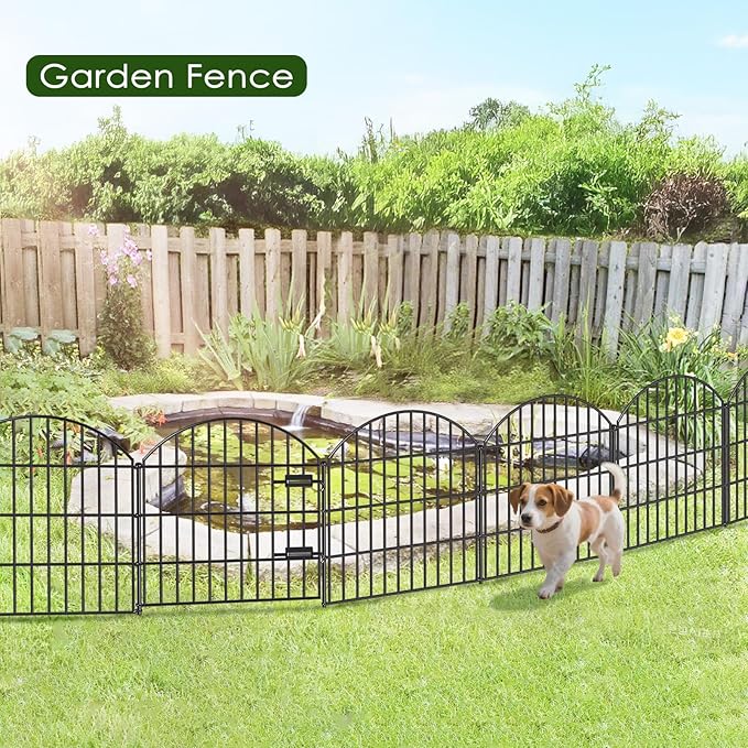 Metal Garden Fence with Gate 28in (H) x 11.7ft (L), 1 Gate + 4 Panels Rustproof Border Fence Animal Barrier for Dogs, No Dig Garden Fencing for Yard Backyard Landscape, ECG2827 Black