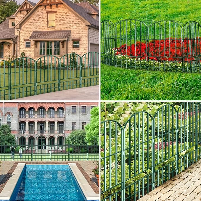 Adavin Animal Barrier Garden Fence,10 Pack Green 12''L x 25" H no dig Fence, Underground dig Protection for Dog Rabbits Rustproof Metal Wire Panel Border, 10 ft Ground Stakes for Outdoor Patio