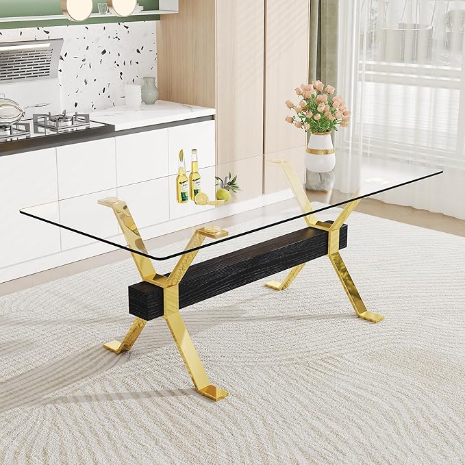 79" Glass Dining Table, Modern Kitchen Table, Modern Dining Table for 8, 0.5" Thick Tempered Glass Tabletop with Gold Chrome Metal Legs and Black Crossbar, Ideal for Dining Room, Kitchen