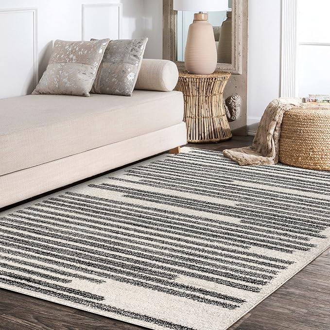 JONATHAN Y Khalil Modern Berber Stripe Cream/Black Indoor Area Rug, 12x18, Contemporary, Bohemian, Easy-Cleaning for Living Room, Bedroom, Kitchen, Pet Friendly, Non-Shedding (MOH207A-18)