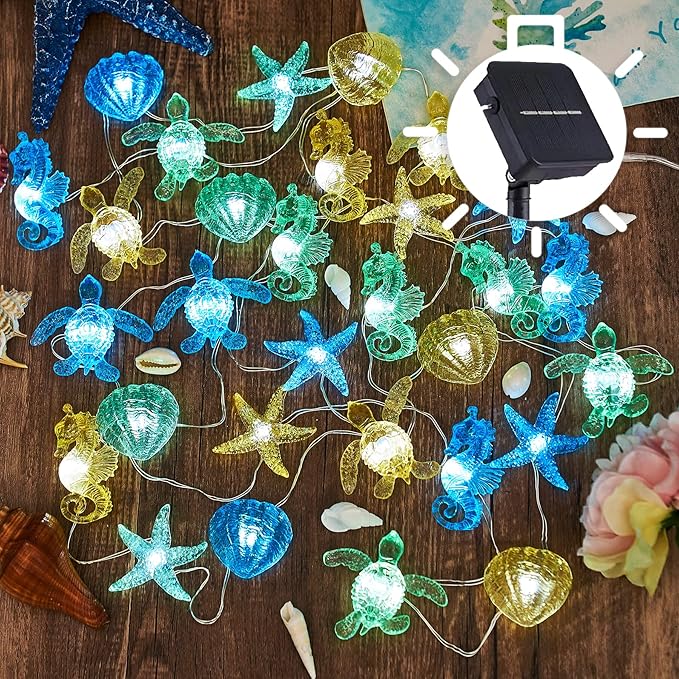 Coastal Solar String Lights Outdoor Garden Lights Marine Life Solar Fairy Garden Lights for Outside 14ft 40LED Waterproof Turtle Seahorse Starfish Clam Beach House Nautical String Lights Yard Decor