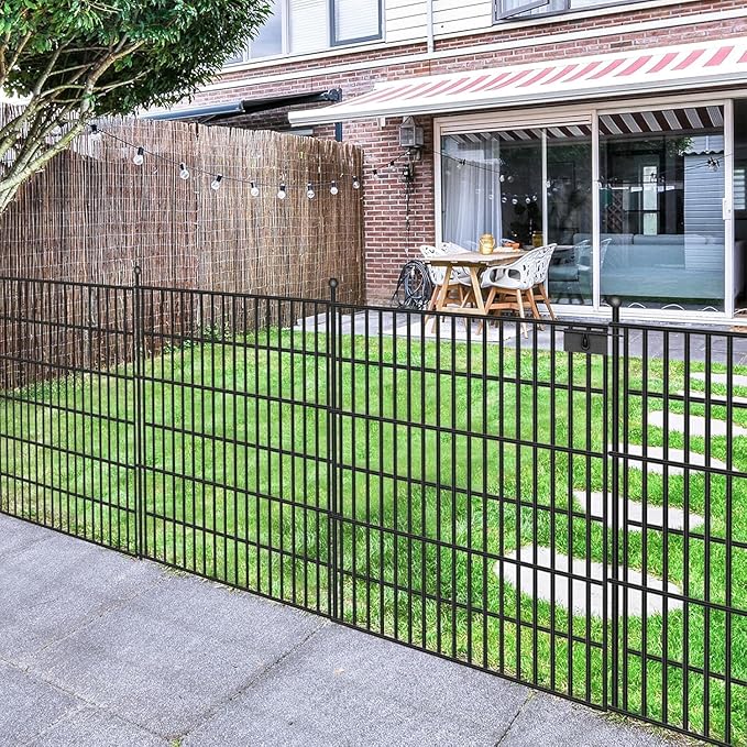 5 Panels No Dig Garden Fence with Gate, 32 in(H) X12.1 ft(L) Metal Fence Panels, Thickened Rustproof Garden Fencing, Animal Barrier for Dogs, Rabbits, and Patio