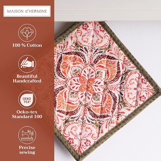 Maison d' Hermine Pot Holders Set 100% Cotton Heat Resistant Potholders 8" x 8" Hot Pads with Loop for Thanksgiving Christmas Decorations BBQ Cooking Baking Handling Hot Pans (Pack of 2, Damask)