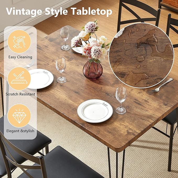 VECELO Dining Table Set for 4, Kitchen Table Set with 4 Chairs for Small Space, Space-Saving and Modern Design, Apartment, Easy to Assemble,Brown