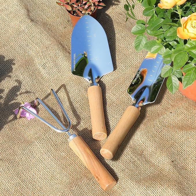 Garden Tool Set, 3 Pieces Gardening Kit with Garden Plant Twist Tie and Plastic Plant Tag, Stainless Steel Heavy Duty Garden Tools with Wooden Handle, Gardening Gifts for Women