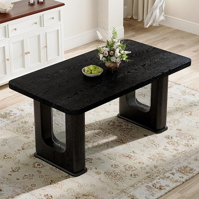 Dining Room Table for 6 - Black Faux Marble Dining Table with 1.7-Inch Thick Seamless Tabletop and Dual Pedestal Base,64.5'' Mid Century Modern Dining Table Ideal for Kitchen,Home Office