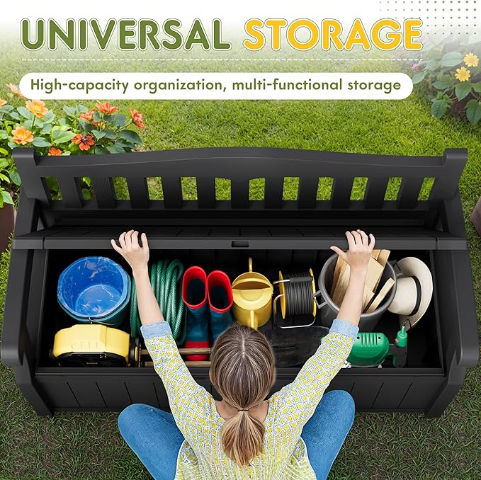 Greesum 80 Gallon Storage Bench Outdoor Deck Box with Armrest, Patio Furniture,Lockable, Waterproof and UV Resistant, Suitable for Garden, Pool, Black