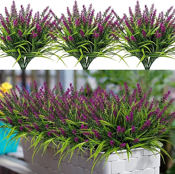 Artificial Flowers for Outdoor Plants 24 Bundles Fake Lavender Plastic Faux Monkey Grass for Verandah Window Garden Office Patio Front Porch UV Resistant for Planter(Fuchsia)