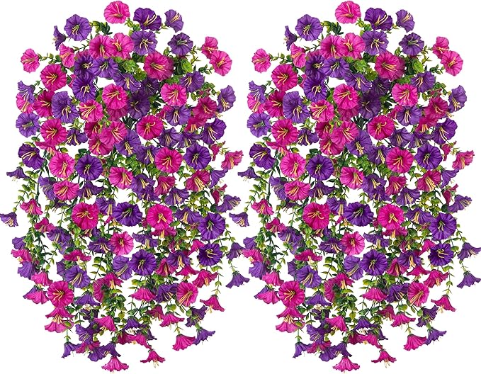 2 PCS Artificial Faux Hanging Flowers Plants for Outdoor Decor,Fake Silk Morning Glory with Eucalyptus UV Resistant Realistic Vines for Wall Home Porch Patio Balcony Yard Decor, Purple and Fuchsia