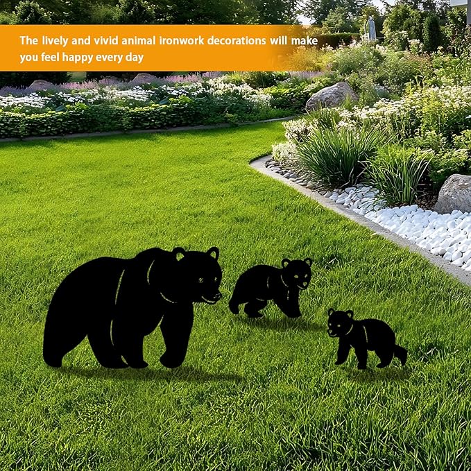 3 Pack Bear Metal Garden Decorative Stakes, Weather Proof Silhouette Statues for Yard, Patio,Outdoor Decor for Bear Lovers and Pet Owners