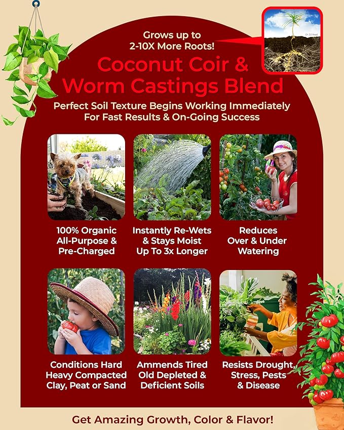 Compressed Organic Potting Soil: 100% Organic, Expands Up to 4X with Water, Nutrient-Dense Plant Food Derived from Worm Castings, Types of Plants, Kid & Pet Safe (Two 2 lb Bags)