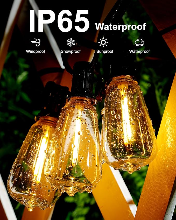 Outdoor String Lights - 50FT LED Patio Lights with 27 Shatterproof Waterproof Bulbs, Connectable Dimmable Edison IP65 ST38 Outside Lights for Garden, Balcony, Porch, Backyard, Deck, Home Decor