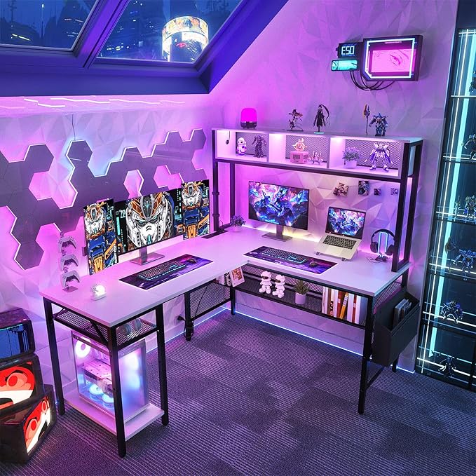 Unikito L Shaped Computer Desk with LED Strip and Power Outlets, Storage Shelves and Bag, Industrial Reversible Gaming Table Writing Corner Desk for Home Office Workstation, White