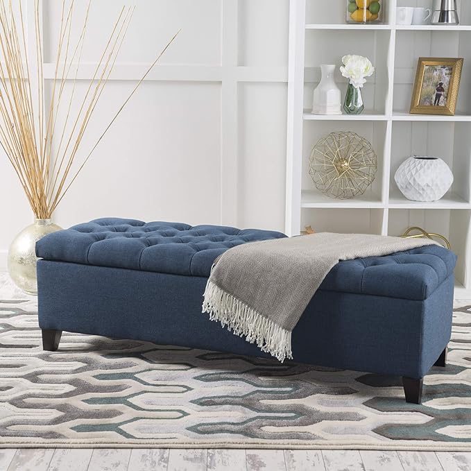 Christopher Knight Home Ottilie Fabric Storage Ottoman, Dark Blue, 17.75"D x 51.5"W x 15.75"H