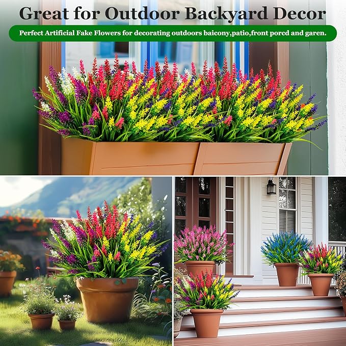 Artificial Flowers for Outdoor Plants 24 Bundles Fake Lavender Plastic Faux Monkey Grass for Verandah Window Garden Office Patio Front Porch UV Resistant for Planter(6 Color)