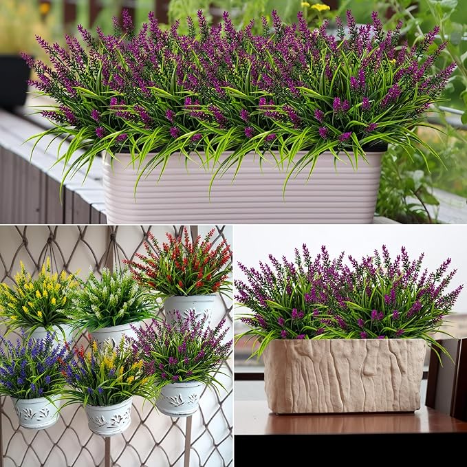 Artificial Flowers for Outdoor Plants 24 Bundles Fake Lavender Plastic Faux Monkey Grass for Verandah Window Garden Office Patio Front Porch UV Resistant for Planter(Fuchsia)