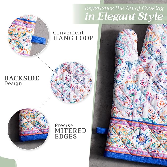 Maison d' Hermine Oven Gloves 100% Cotton Oven Mitt 7" x 13" with Loop Heat Resistant, BBQ, Cooking Gloves, Baking, Grilling, Kitchen, Handling Hot Pans Spring/Summer (Pack of 1, Indian Floral)
