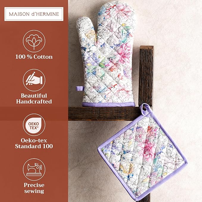 Maison d' Hermine 100% Cotton Oven Mitt & Pot Holder Set (7.5"x13" & 8"x8") Heat Resistant BBQ Cooking Gloves with Loop, Baking, Grilling, Kitchen, Handling Hot Pans Spring/Summer (Floral Love)
