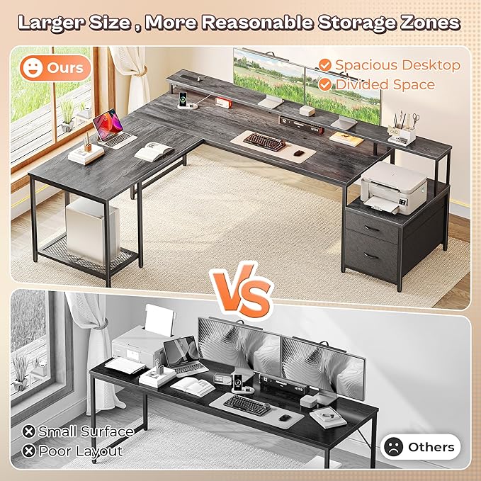 PRAISUN 66 Inch L Shaped Computer Desk with Power Outlets and LED Lights, Home Office Desk with Fabric Drawers and Print Stand, L Shape or Long Set up, Monitor Stand, Mesh CPU Stand, Grey