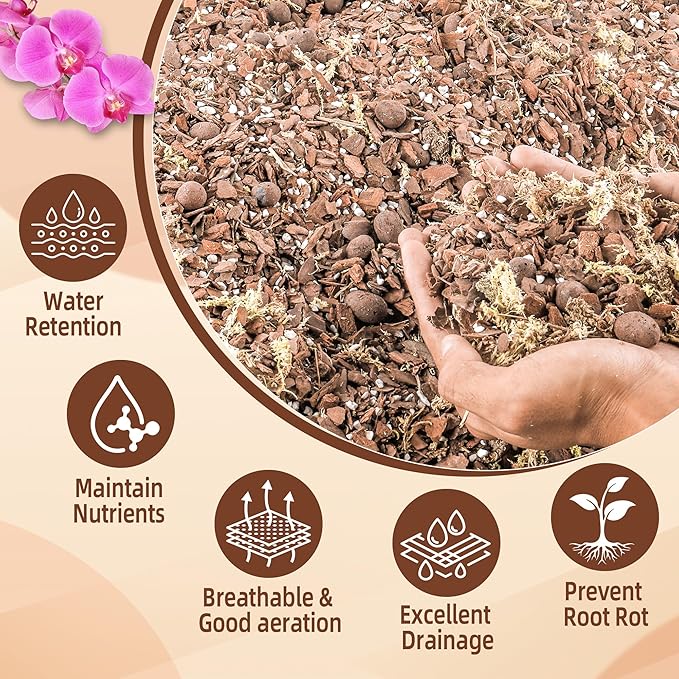 Orchid Bark Potting Mix 18 Quart, Mix Pine Bark, Organic Perlite, Sphagnum Moss and Leca Clay Pebbles for Plants, Orchid Fertilizer Garden Soil for Root Development