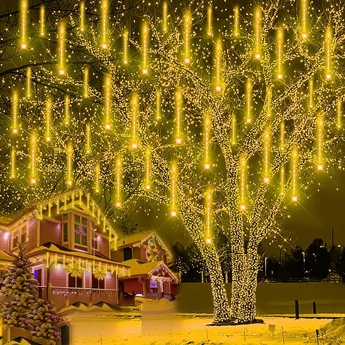 Purtuemy Christmas Lights Outdoor, Meteor Shower Falling 12 inch 8 Tubes Icicle Snow Raindrop Lights for Xmas Tree Holiday Party Decoration, UL Plug, Wram White
