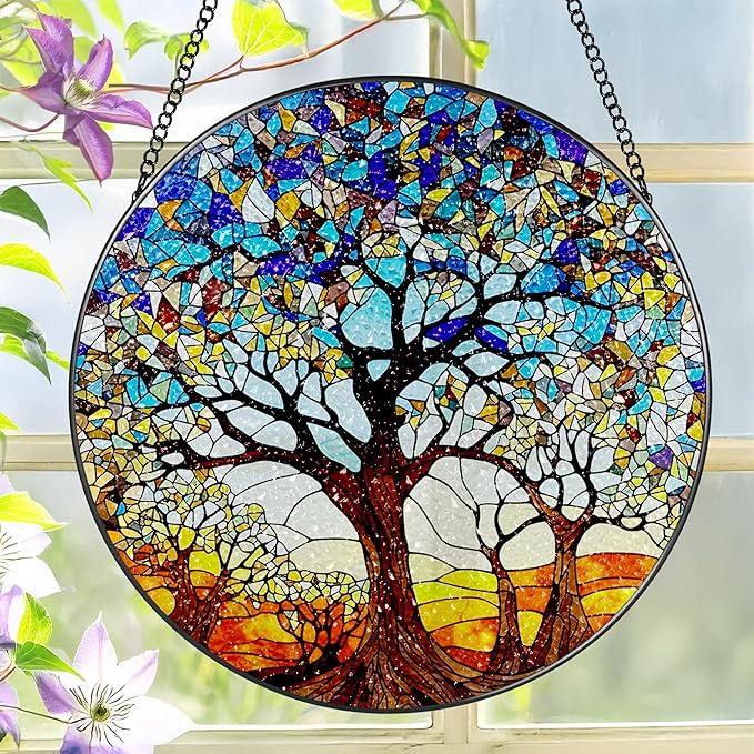 Stained Glass Window Hanging, LAOWEIKI 8'' Tree of Life Suncatcher, Stained Glass Ornament, Suncatchers for Windows Hanging, Window Decor, Outdoor or Indoor, Gifts for Women, Lovers, Couple, Friends