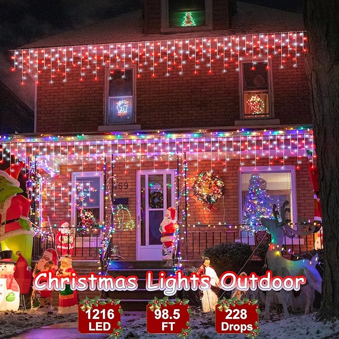 99ft Red and White Christmas Lights, 1216 LED Icicle Lights for Outside, Clear Wire Twinkle Light with 8 Modes Timer Waterproof for House Window Party Tree Holiday Patio Yard Home Decoration