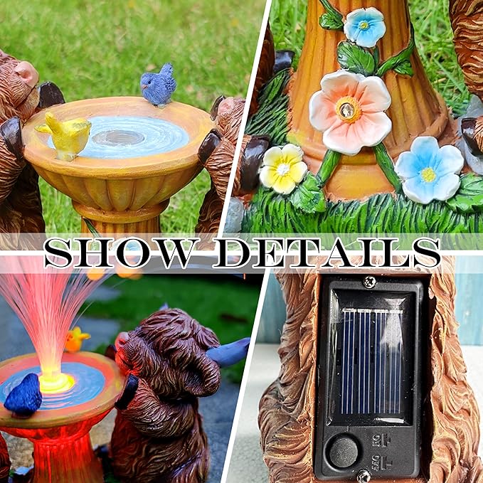 Solar Highland Cow Garden Decor -Resin Highland Cows Figurines Lights and Colour Changing Optical Fiber with Solar LED Lights,Outdoor Statues Decoration for Patio Yard Lawn