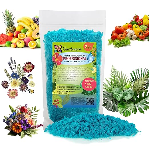 Premium 24-8-16 All Purpose Water Solubable Fertilizer for All Plants by Gardenera - Ideal for Flowers, Plants, Vegetables, Trees, Shrubs, Lawns and Houseplants - 2 Quart