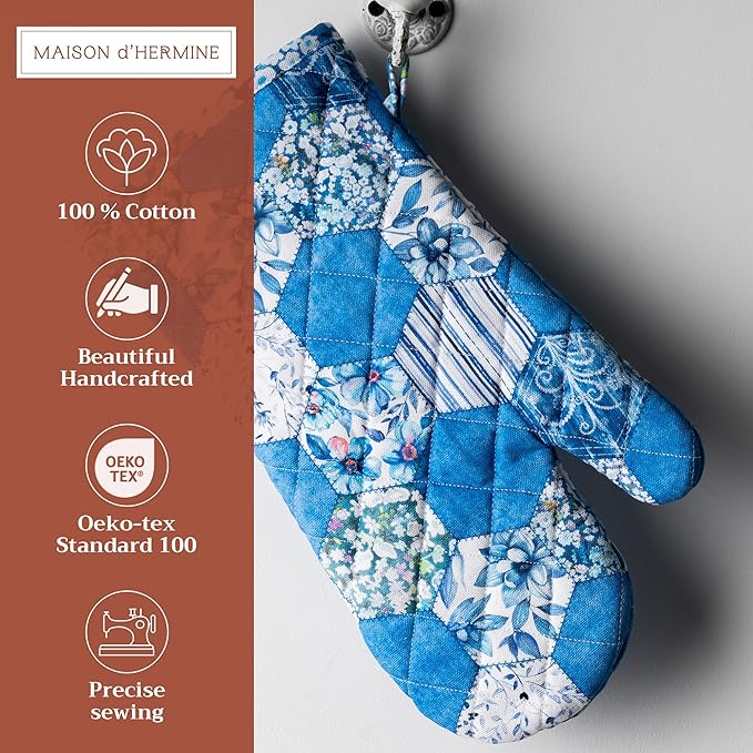 Maison d' Hermine Oven Gloves 100% Cotton Oven Mitt 7" x 13" with Loop Heat Resistant, BBQ, Cooking Gloves, Baking, Grilling, Kitchen, Handling Hot Pans Spring/Summer (Pack of 1, Summer Blues)