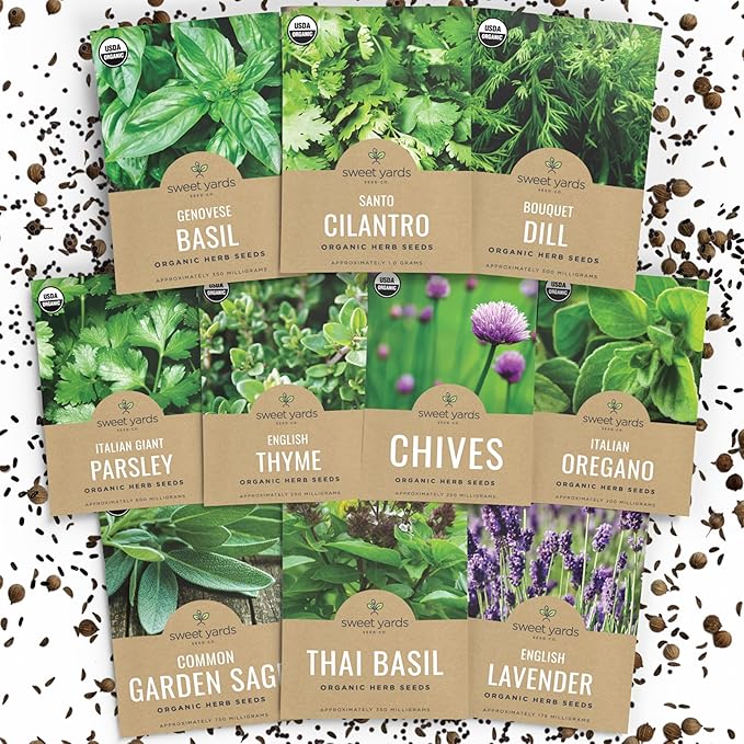 Organic Herb Seeds Variety Pack - 10 Individual Packs - 2025 Season - Basil, Cilantro, Dill, Thyme, Parsley and More! for Indoor & Outdoor Planting (Non-GMO, Certified Organic)